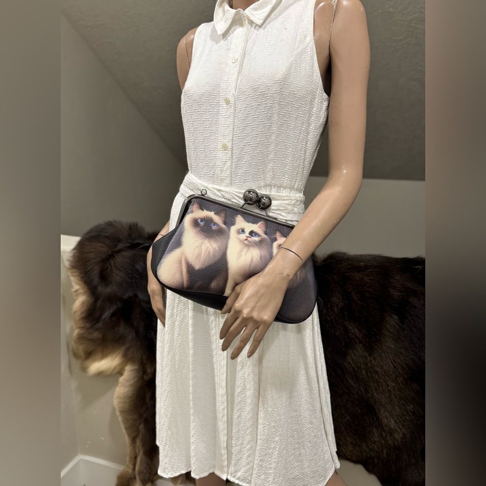 Unique Cats Print Pebble Cowhide Handmade Large Ball Kisslock Handbag, Multi Use - Picture 10 of 16